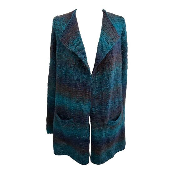 Lucky Brand Open Front Cardigan‎ Sweater Teal Brown Aztec Pockets Sz Small EUC - Picture 1 of 6